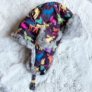 Mad Bomber Kid Moose Eagle Coyote Print Hat Real Rabbit Fur Trapper Hat Size‎ L